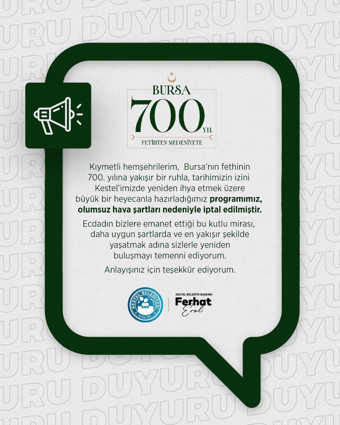 büyük bir heyecanla hazırladığımız programımız, olumsuz hava şartları nedeniyle iptal edilmiştir.